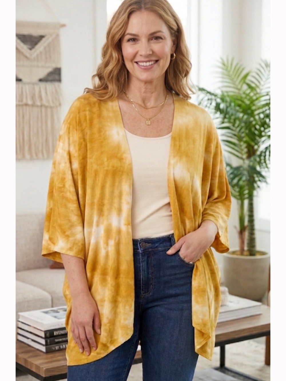 Myesper 2XL Mustard Yellow Tie Dye Kimono Cardigan Open Front Boho Festival USA